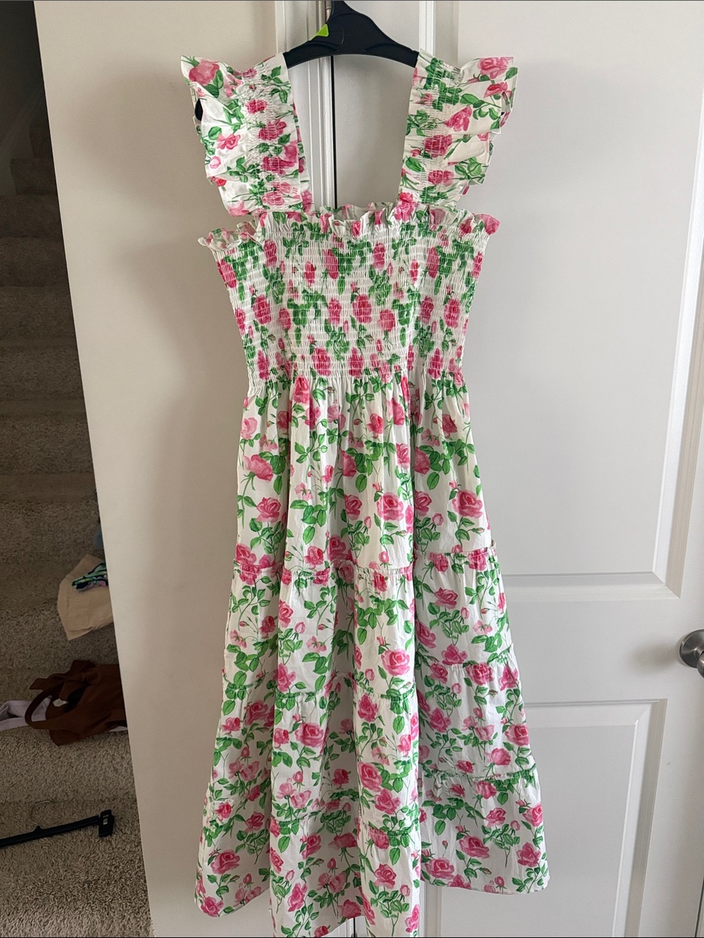 Hill House Floral Smocked Midi Dress in Pink and Green S - Picture 5 of 9